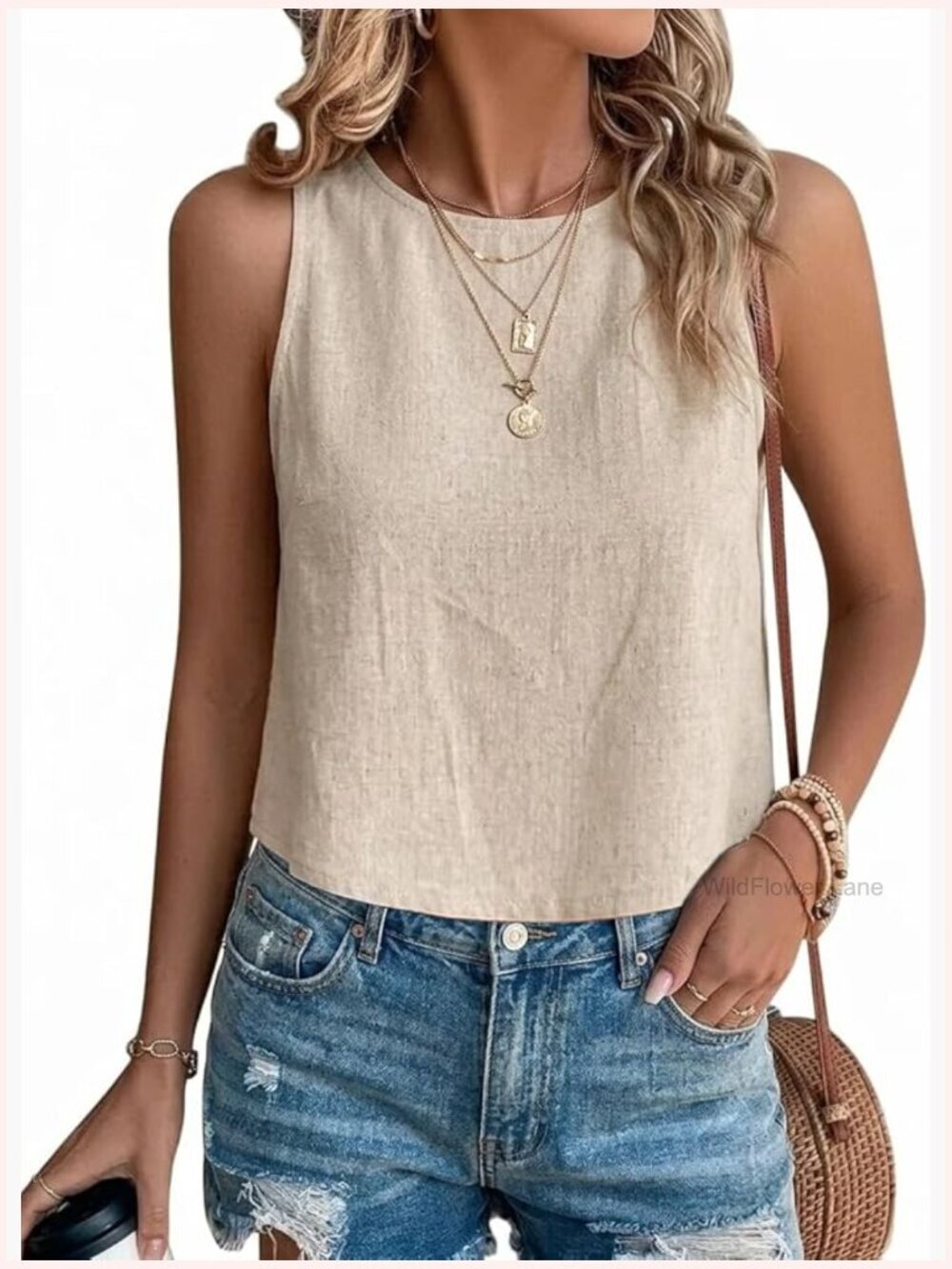 Linen Crop Tank Top Sleeveless High Neck Casual Summer Top